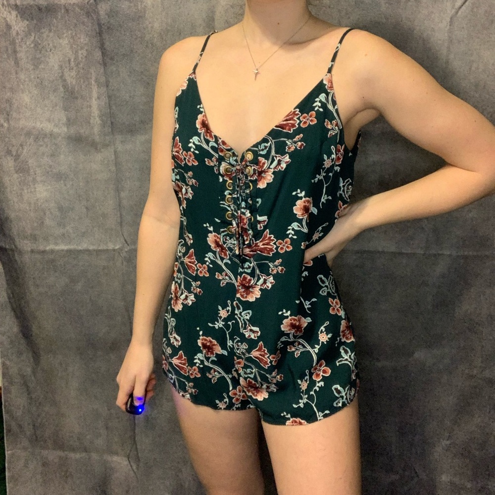 Forever 21 floral green lace up romper